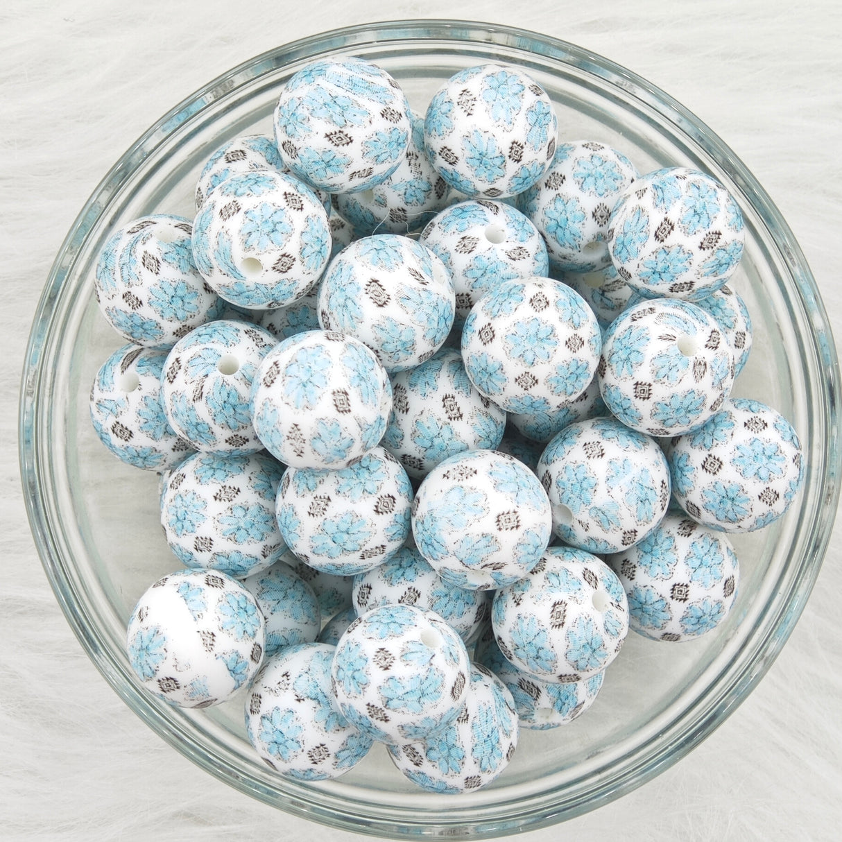 15mm teal flowers Printed Silicone Beads