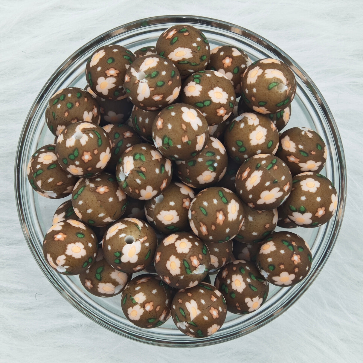 15mm light yellow flower and brown background Printed Silicone Beads