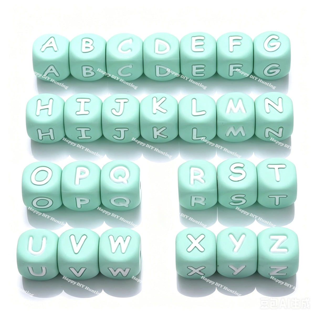 12mm Mint silicone alphabet cube beads full A-Z food grade silicone letter beads