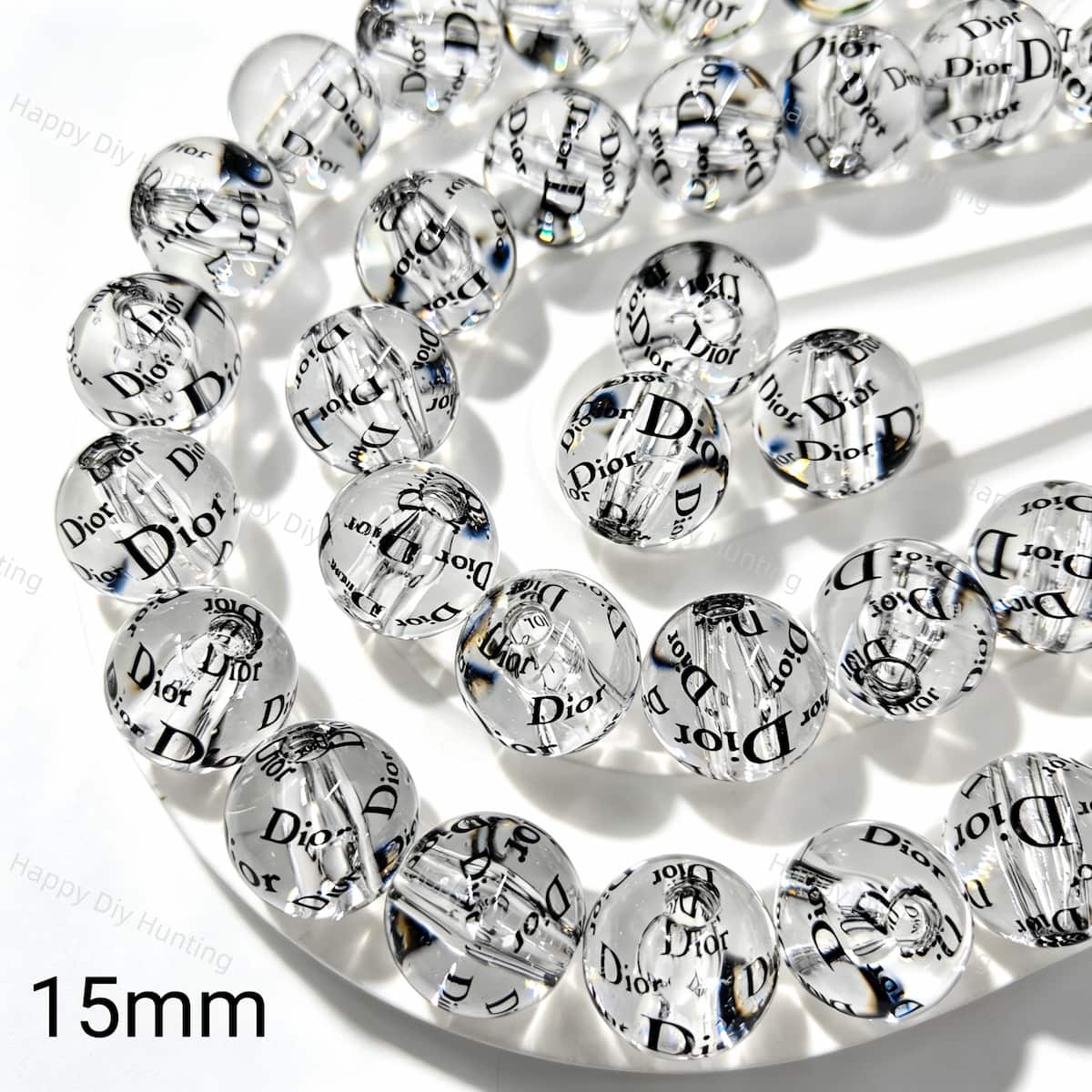 15mm designer glossy transparent Dior printed round acrylic beads for DIY beadable pens and jewelry crafts