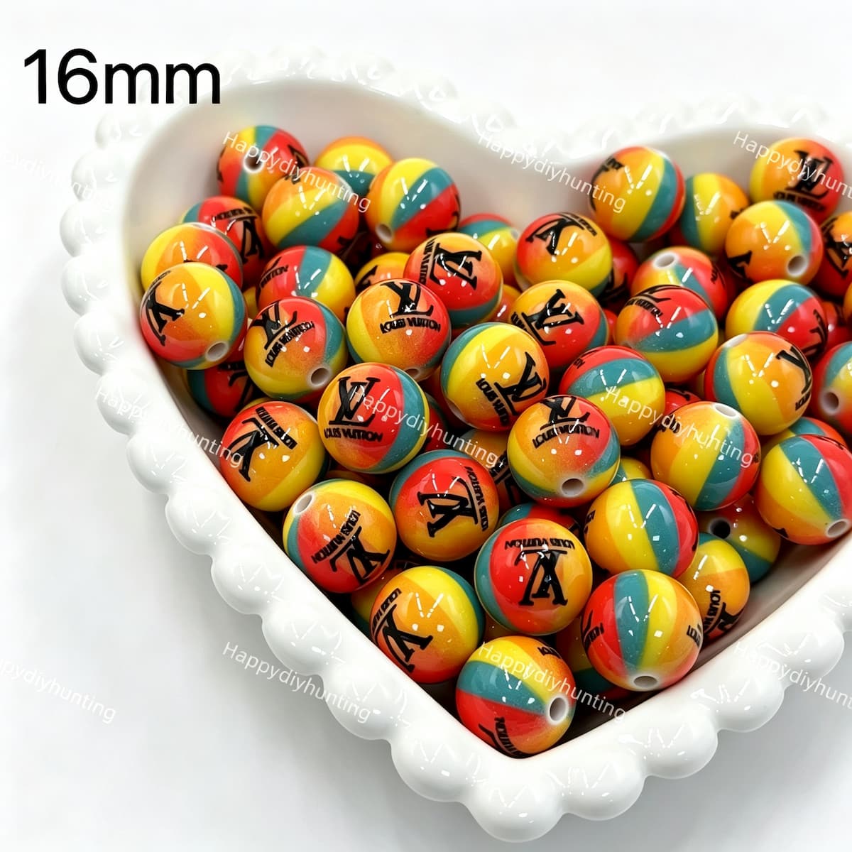 close-up 16mm designer VL rainbow striped acrylic bead showing colorful stripe design