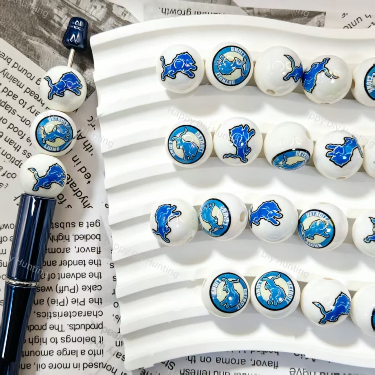 Blue Silver Lion Football Pattern Acrylic Beads Wholesale, Fits Beadable Pens & Keychains