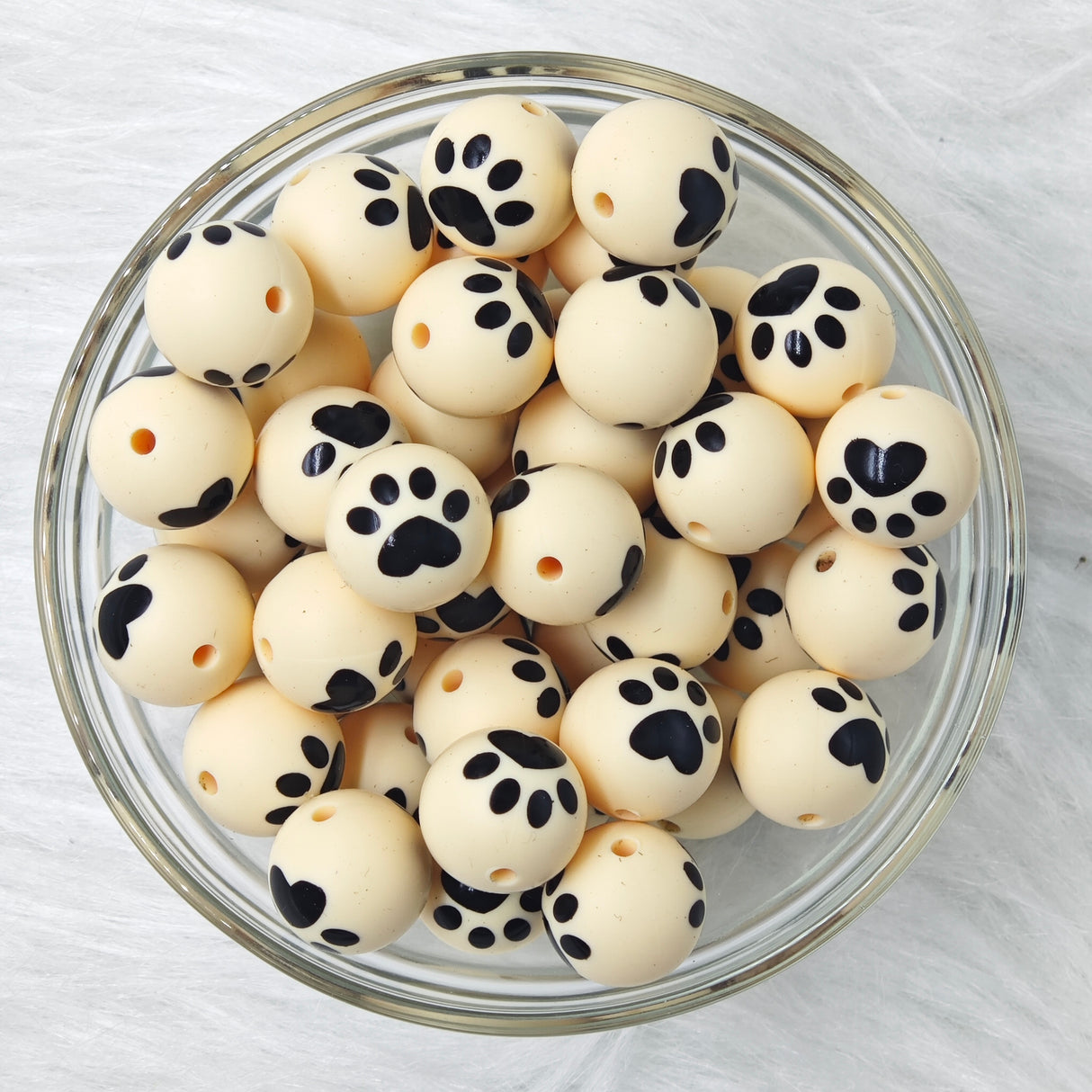 15mm Black Paw Yellow Background Printed Silicone Beads