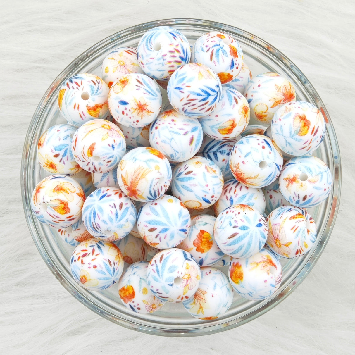 15mm orange flowers and blue leaves Printed Silicone Beads