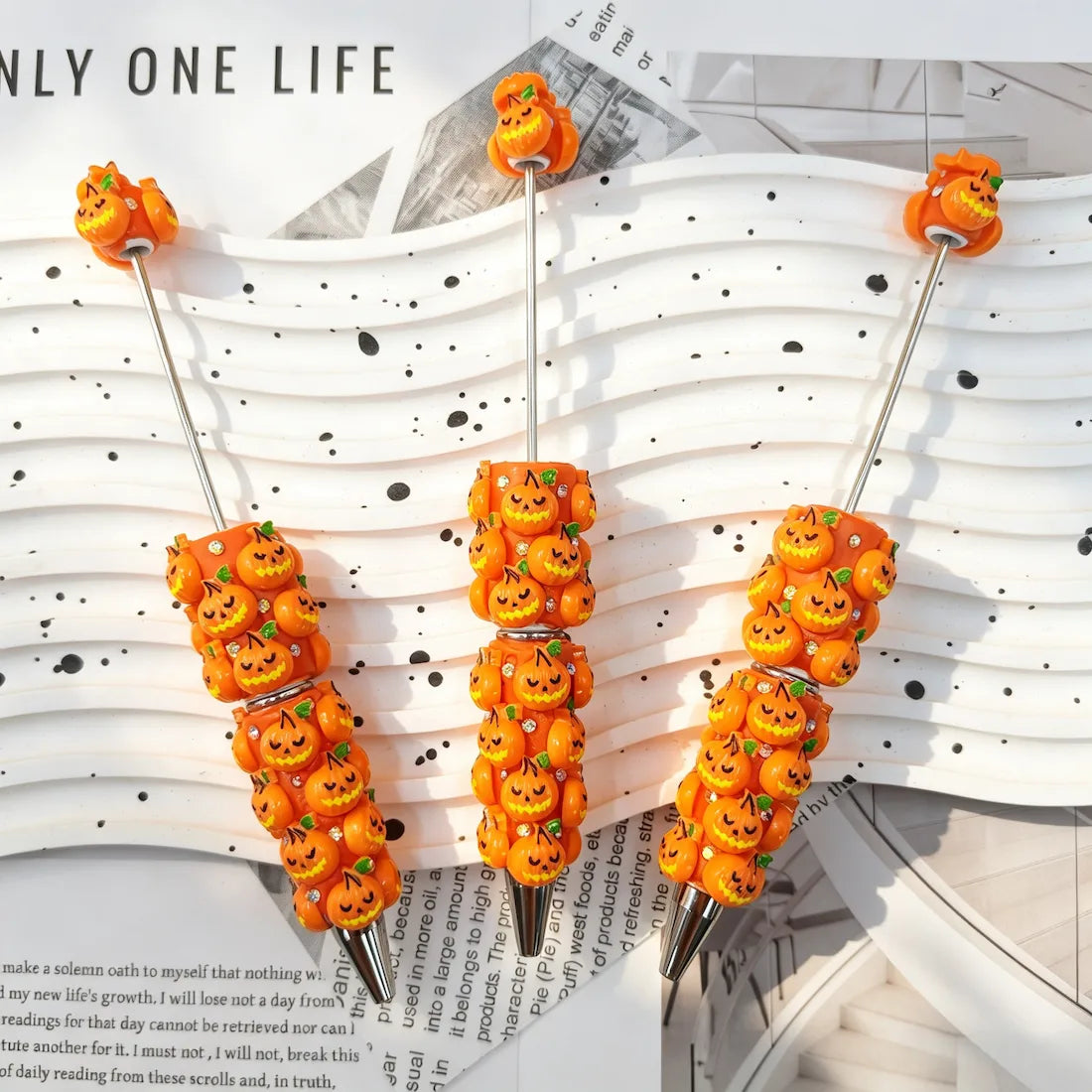 Orange Jack‑o‑Lantern Pumpkin Graphic Decor Beadable Pens Wholesale, Matches All Focal Beads & Pen Toppers
