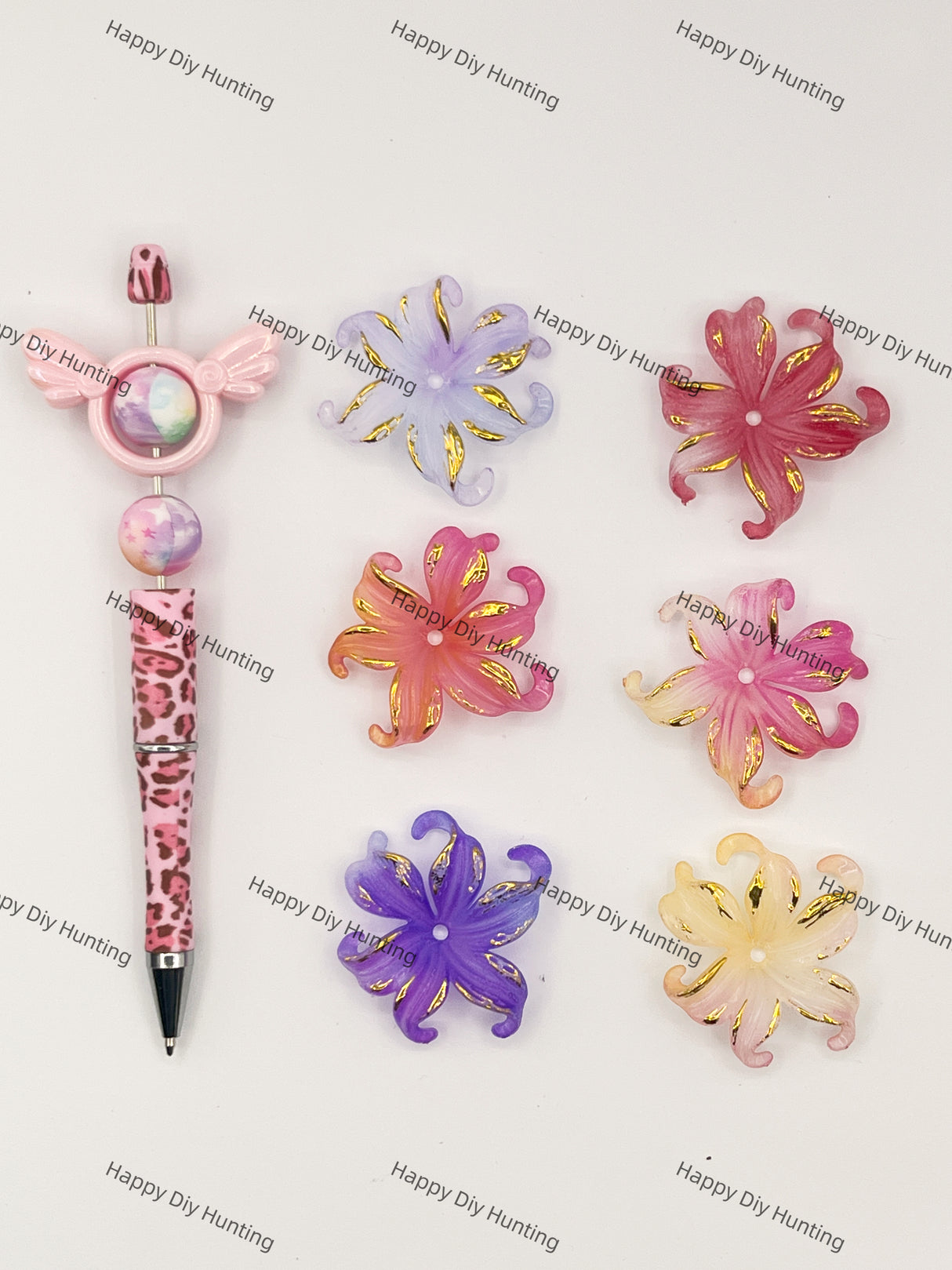 3D Flower Spacer Acrylic Beads with Gold Hot Stamping