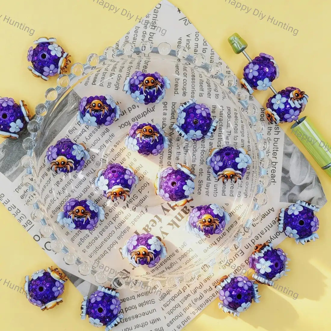 3D purple crystal‑encrusted spider round rhinestone beads, large hole halloween craft beads for handmade DIY beadable pen projects