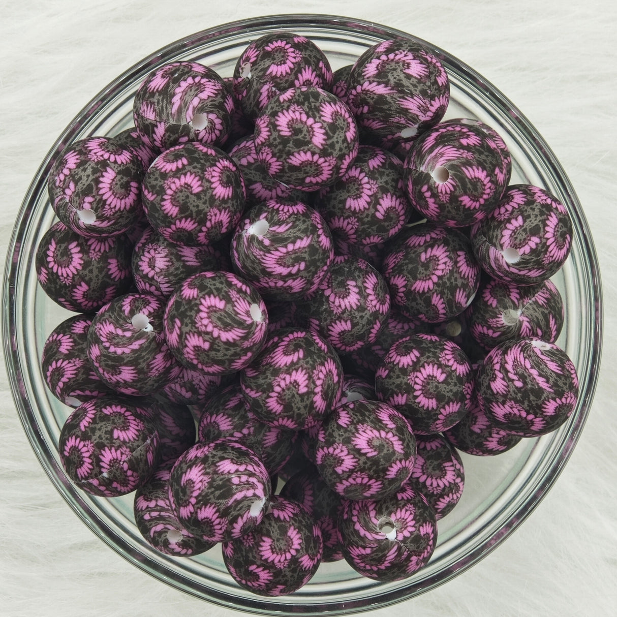 15mm black&pink sunflowers Printed Silicone Beads 15mm