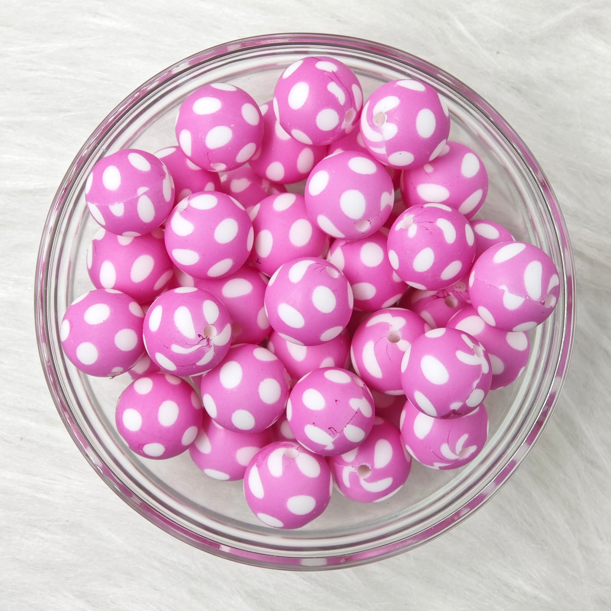 15mm white spots pink background Printed Silicone Beads