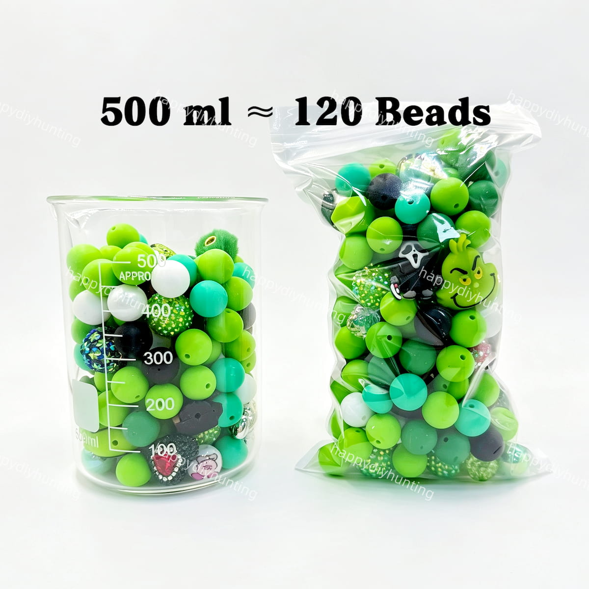 500ml Christmas Green Silicone & Acrylic bead mix, silicone acrylic holiday themed beads for diy beadable pen making
