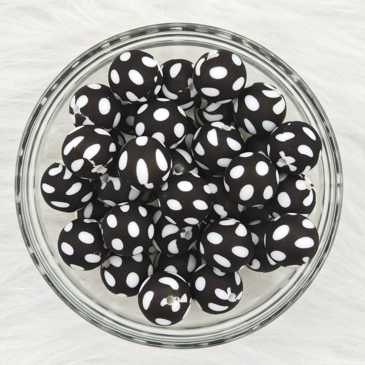 15mm white dots black background Printed Silicone Beads