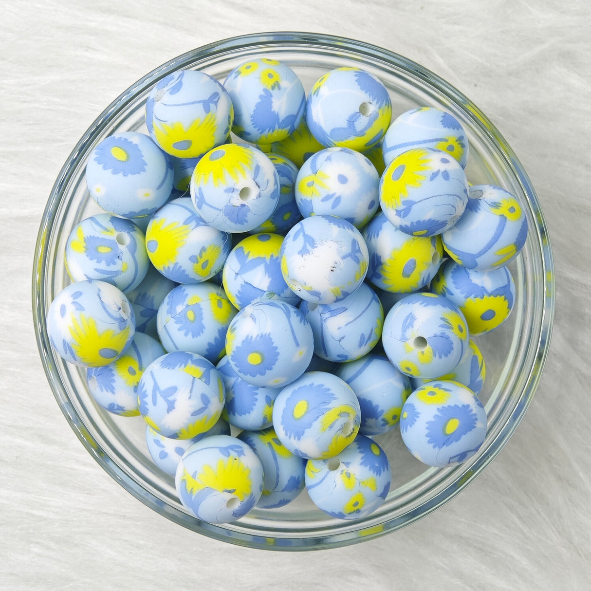 15mm yellow daisy blue background Printed Silicone Beads