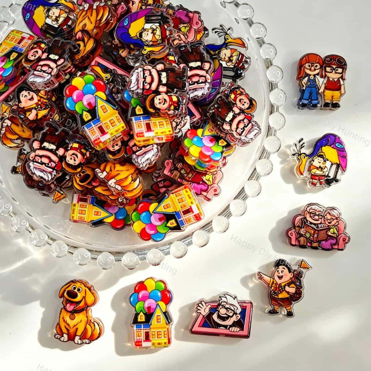 Acrylic focal beads featuring an adventure cartoon movie character mix print design. Lightweight, colorful, and durable, perfect for beadable pens, keychains, and handmade crafts.