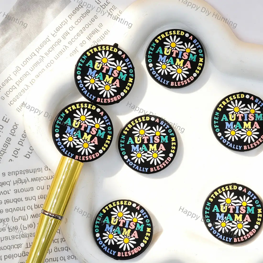 Black round daisy Autism Mama printed silicone focal beads for beadable pen diy handmade crafts wholesale