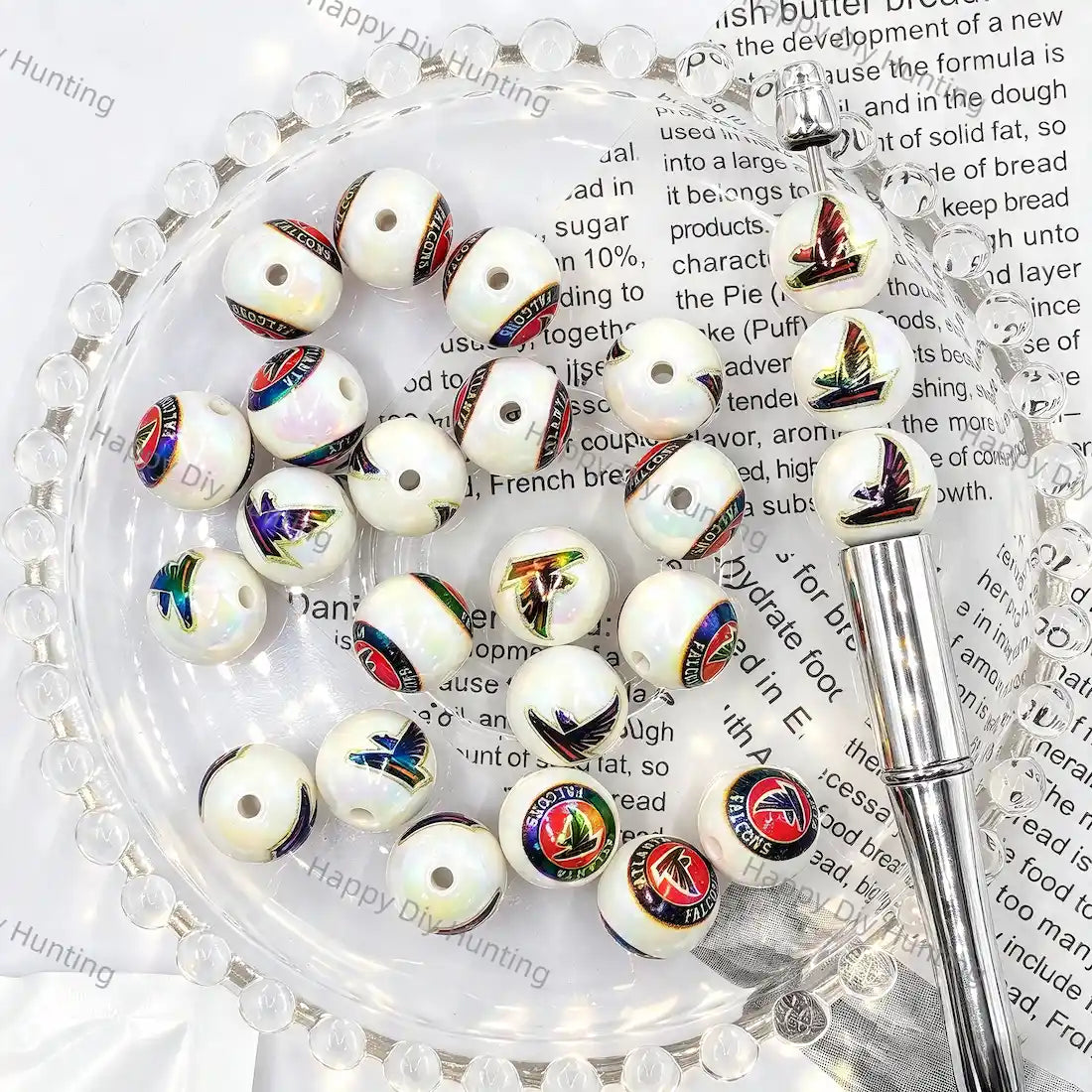 Iridescent Pearlescent White Bird Wing Football Graphic Print Large Hole Acrylic Beads For DIY Beadable Pen Craft Wholesale