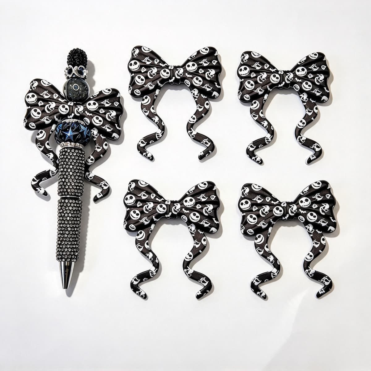 Black‑white spooky‑skull print bow silicone focal beads, curly ribbon bow large‑hole beads for beadable pen DIY craft projects