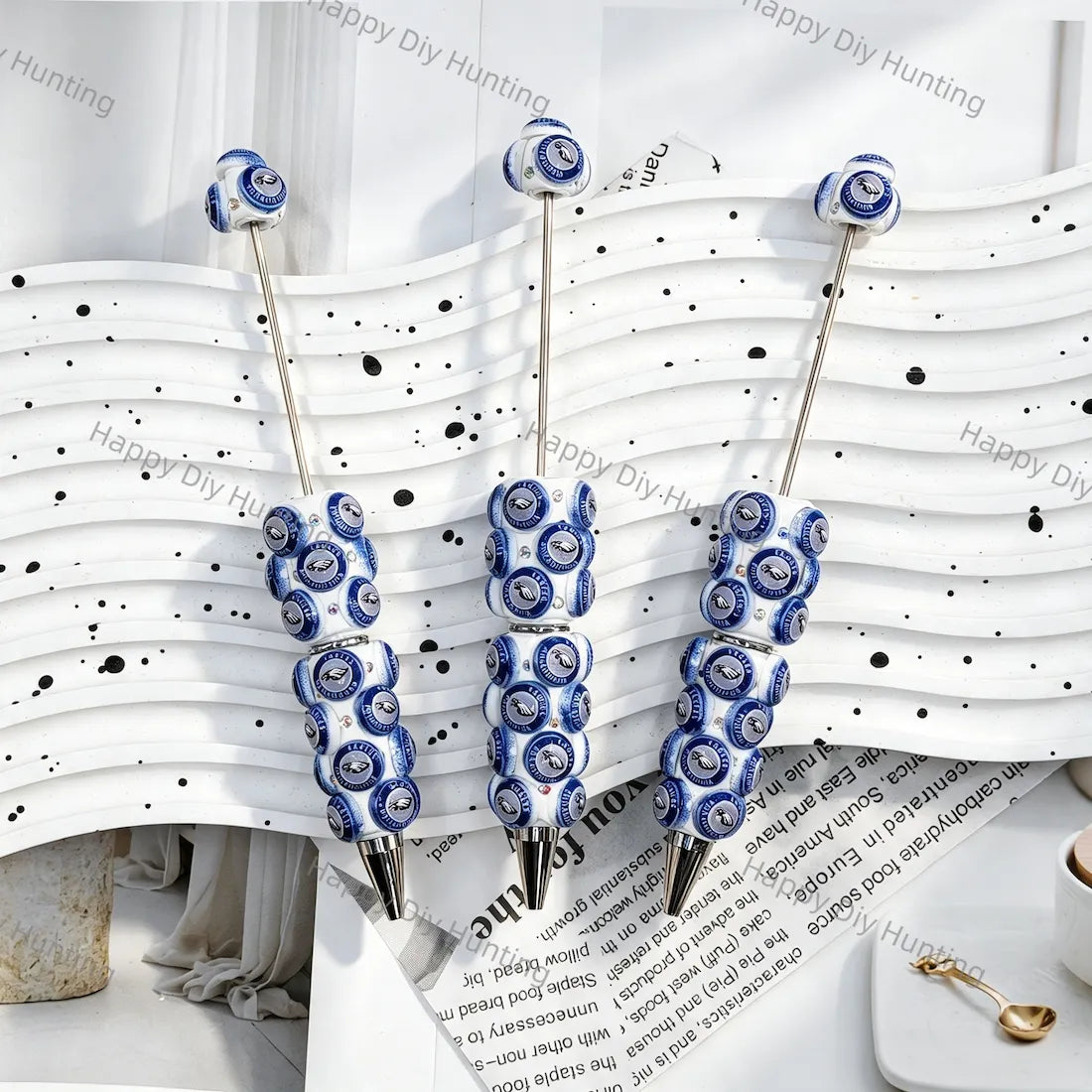 blue white circular graphic beadable pens for diy handmade stationery crafts wholesale
