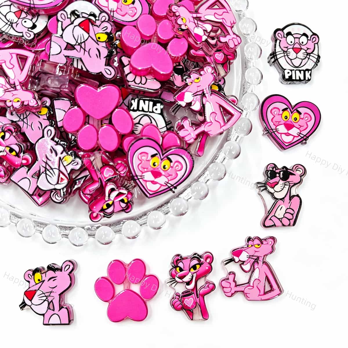 Acrylic focal beads featuring a cartoon pink leopard print design. Lightweight, stylish, and durable, perfect for beadable pens, keychains, and handmade crafts.