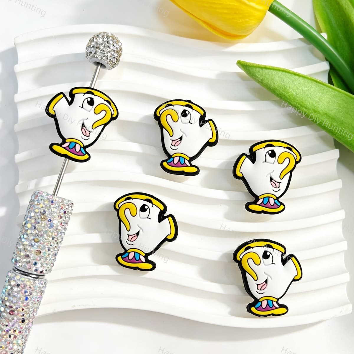 Silicone focal beads featuring a cute cartoon teacup character design. Soft, durable, and flexible, perfect for beadable pens, keychains, and handmade crafts.