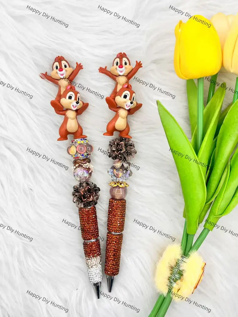 Stacked Chipmunk No-Hole Pen Topper Mounted on Complete Beadable Pen for Handmade Craft Showcase