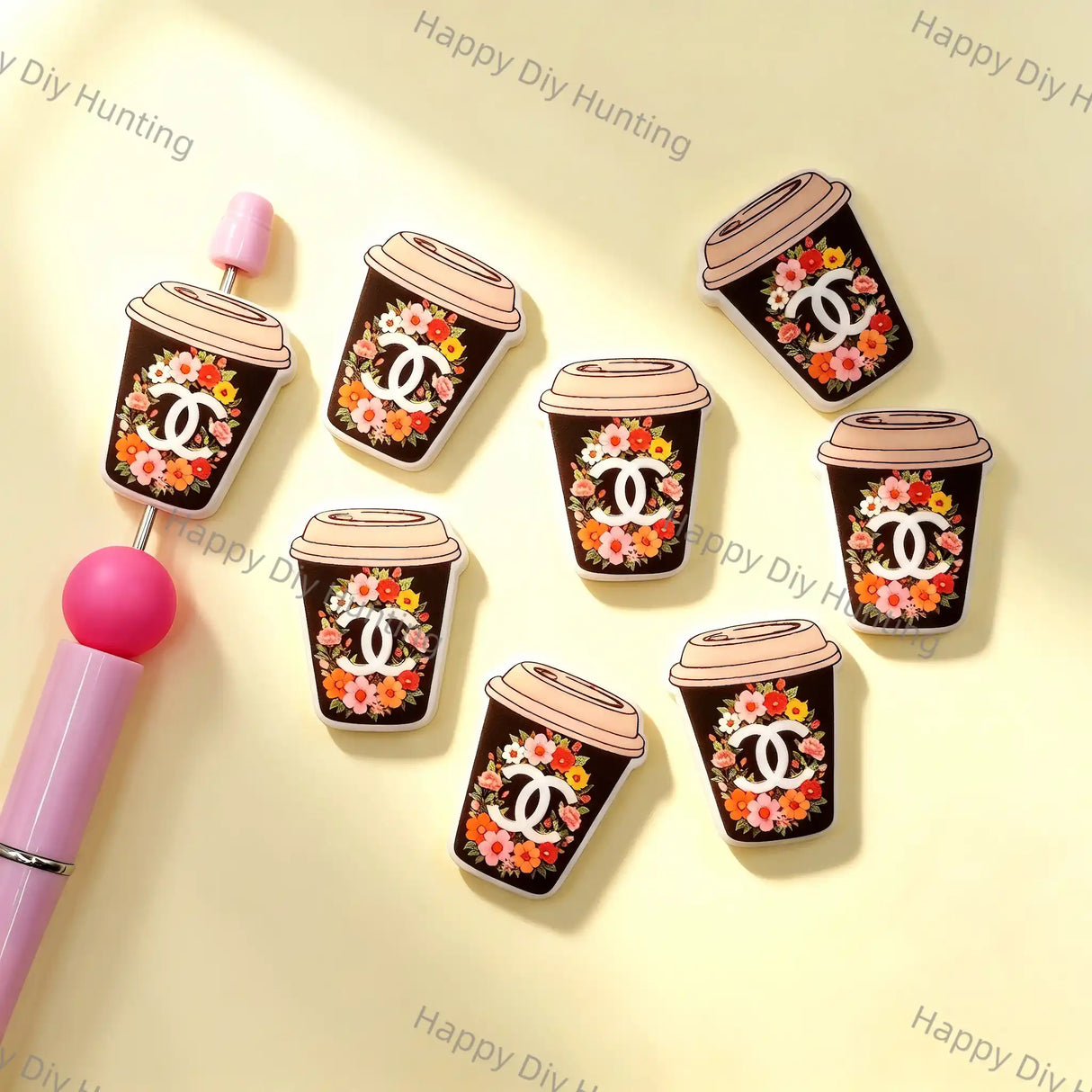 Floral Coffee Cup Chanel Printed Acrylic Focal Beads for beadable pen & keychain DIY