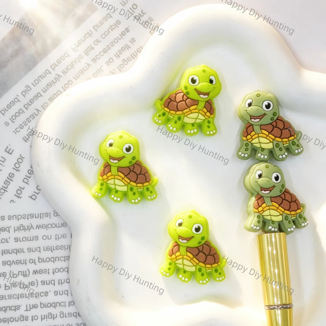 flat cartoon smiling turtle silicone focal beads brown shell yellow belly two green tones for diy beadable pen handmade craft wholesale