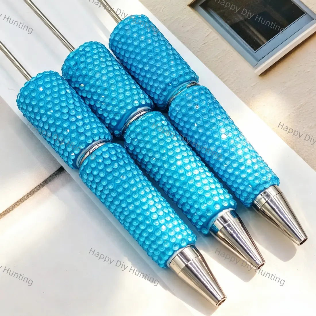 Full wrap champagne crystal rhinestone beadable pens with long steel pin and silver metal tip, bling pen bodies for DIY handmade custom beaded craft pens