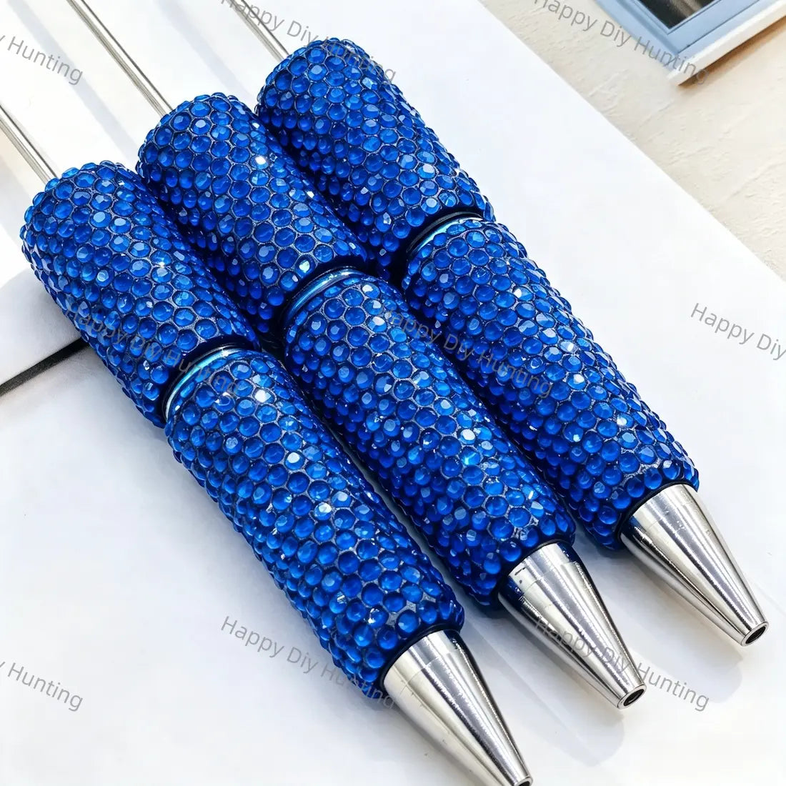 Full wrap champagne crystal rhinestone beadable pens with long steel pin and silver metal tip, bling pen bodies for DIY handmade custom beaded craft pens