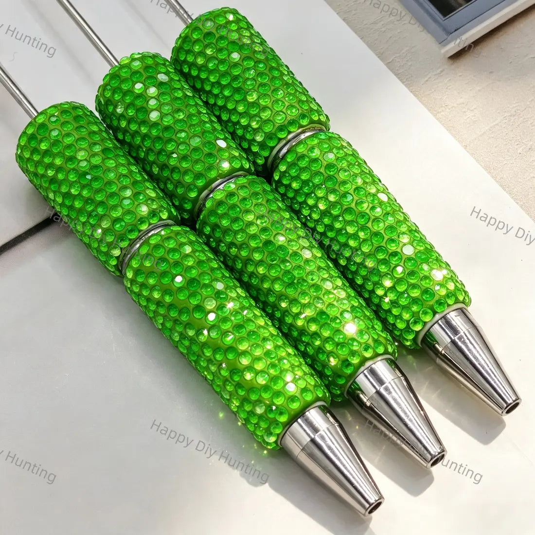 Full wrap champagne crystal rhinestone beadable pens with long steel pin and silver metal tip, bling pen bodies for DIY handmade custom beaded craft pens