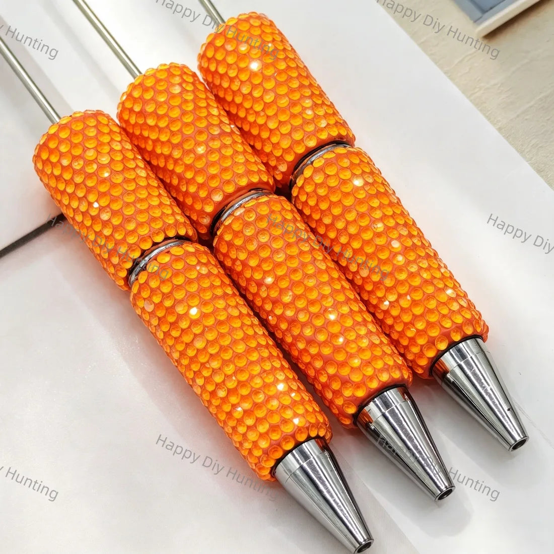 Full wrap champagne crystal rhinestone beadable pens with long steel pin and silver metal tip, bling pen bodies for DIY handmade custom beaded craft pens