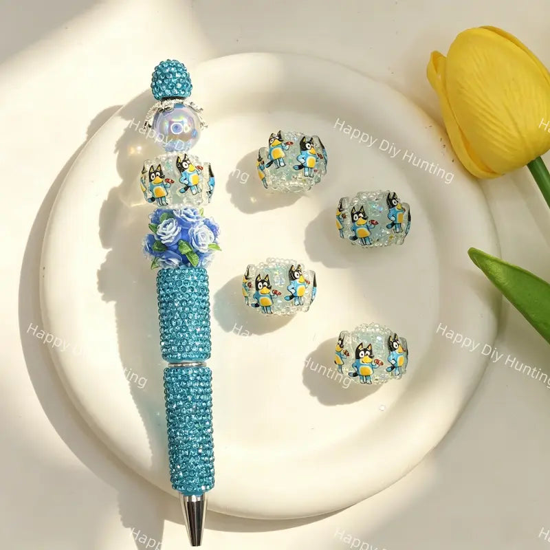 Glitter blue cartoon dog resin focal beads for beadable pen DIY craft