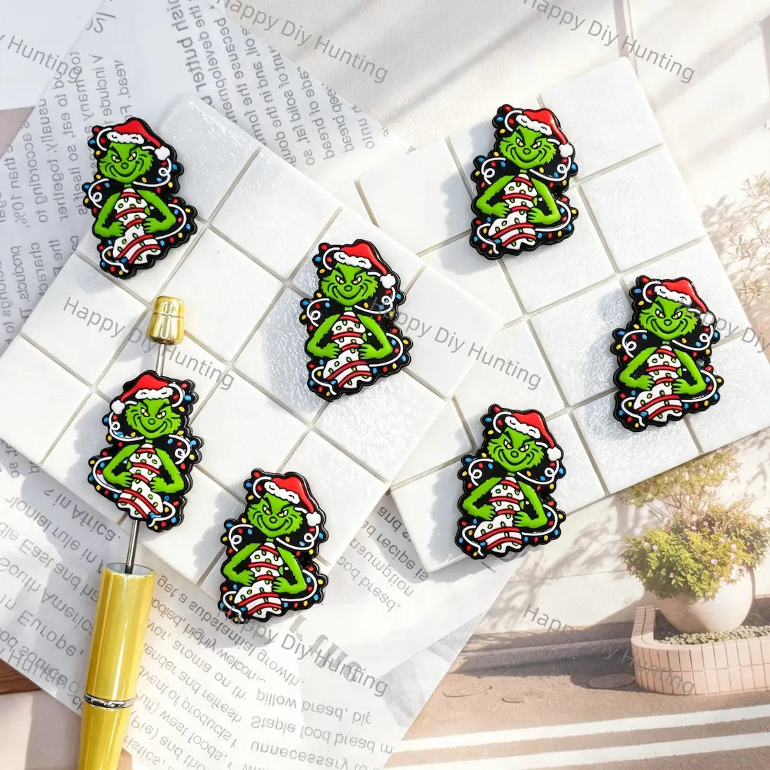 green christmas creature with santa hat silicone focal beads with holiday lights for diy beadable pen handmade holiday craft wholesale