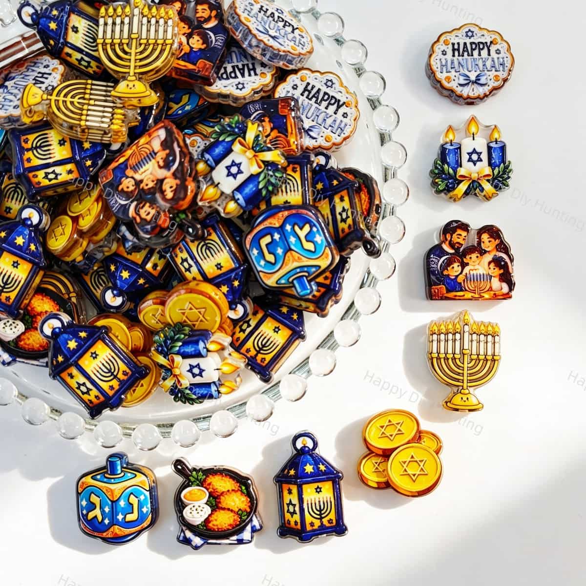 Acrylic focal beads featuring a Hanukkah festival print design. Lightweight, colorful, and durable, perfect for beadable pens, keychains, and handmade holiday crafts.