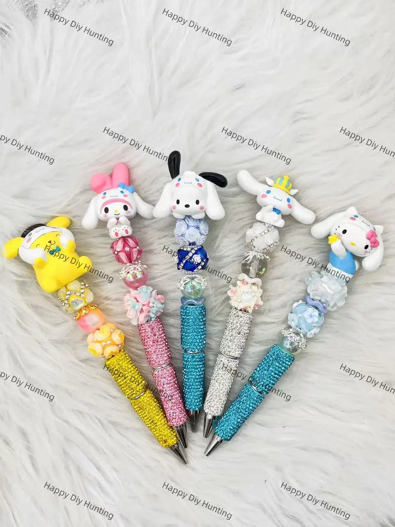 Pastel Hooded Round Face Pen Topper Mounted on Complete Beadable Pen for Handmade Craft Showcase