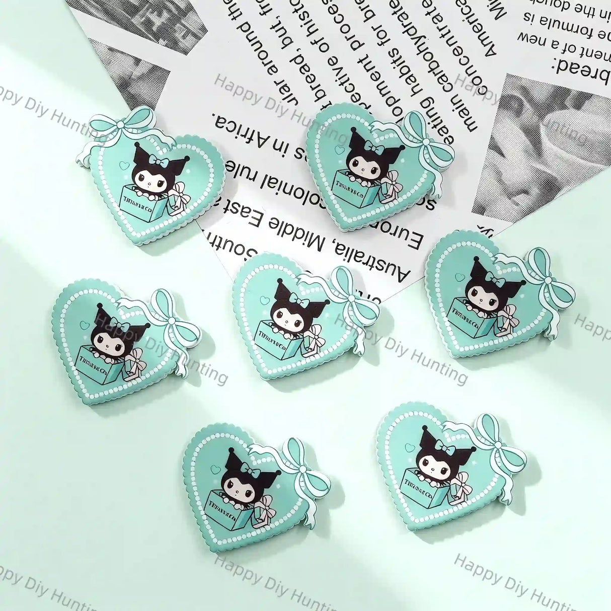 Pastel Mint Scalloped Lace Edge Bow Heart Cartoon Gift Box Print Silicone Focal Beads, large hole decorative beads for DIY beadable pen