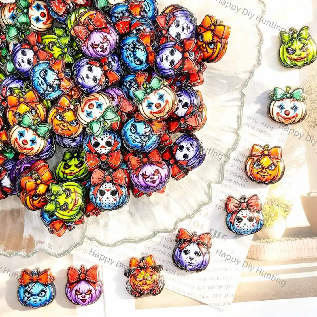 mixed halloween spooky pumpkin and clown face acrylic focal beads with bow decor for diy beadable pen handmade craft wholesale