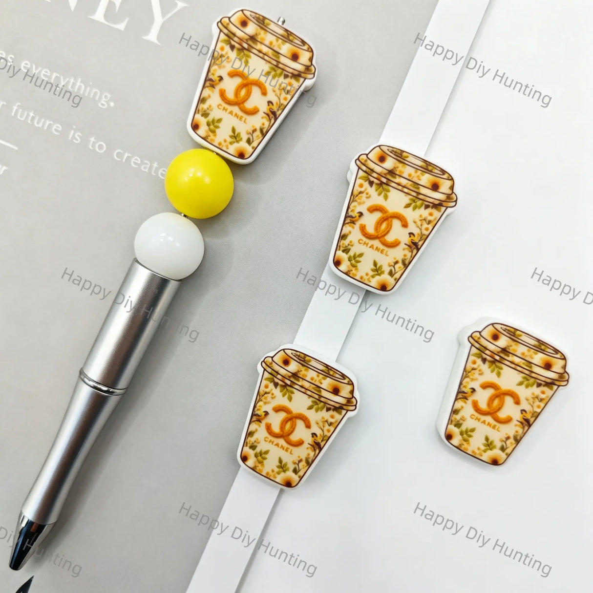 Orange Floral Coffee Cup CHANEL Print Silicone Focal Beads For DIY Beadable Pens