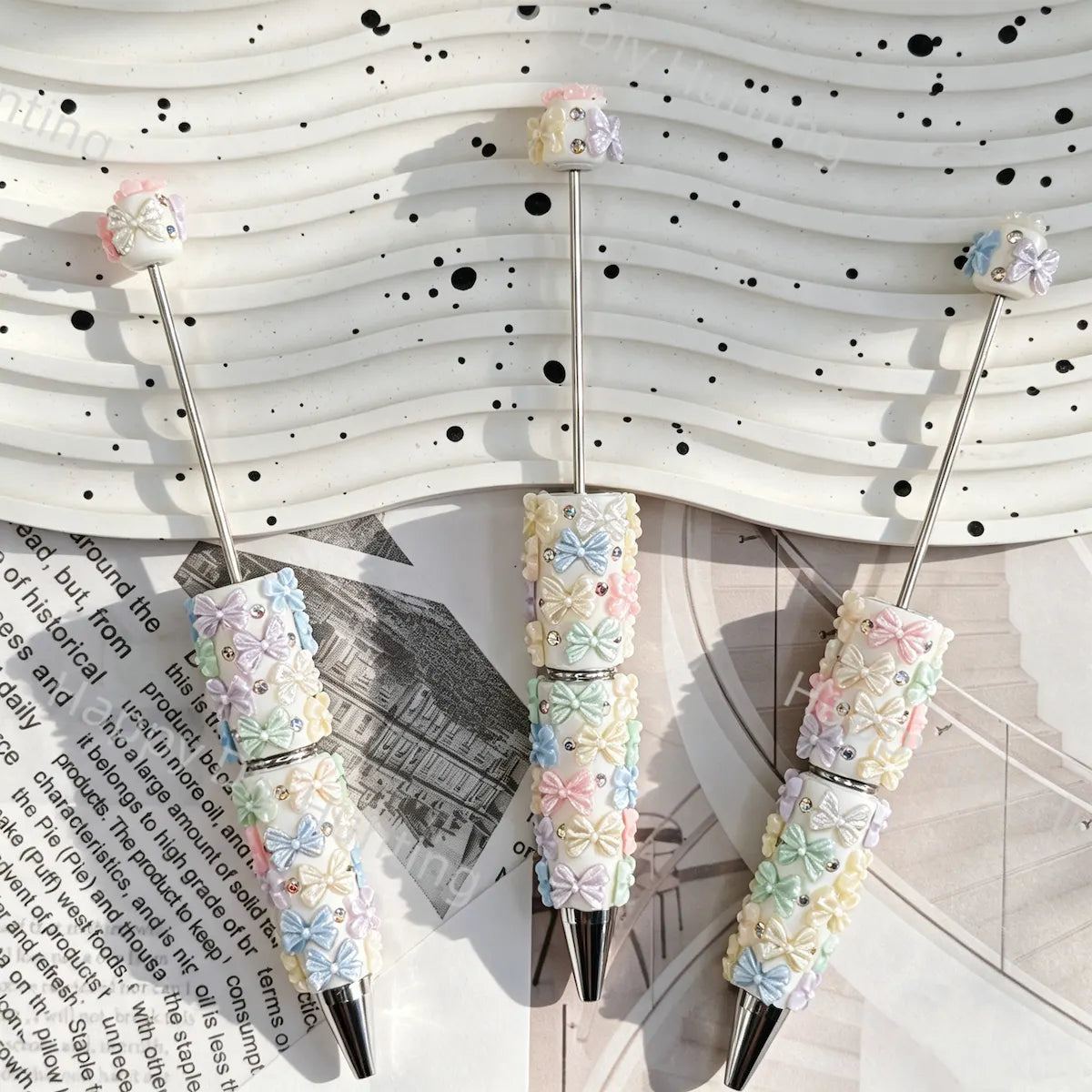Pastel Bow Graphic Decor Beadable Pens Wholesale, Matches All Focal Beads & Pen Toppers