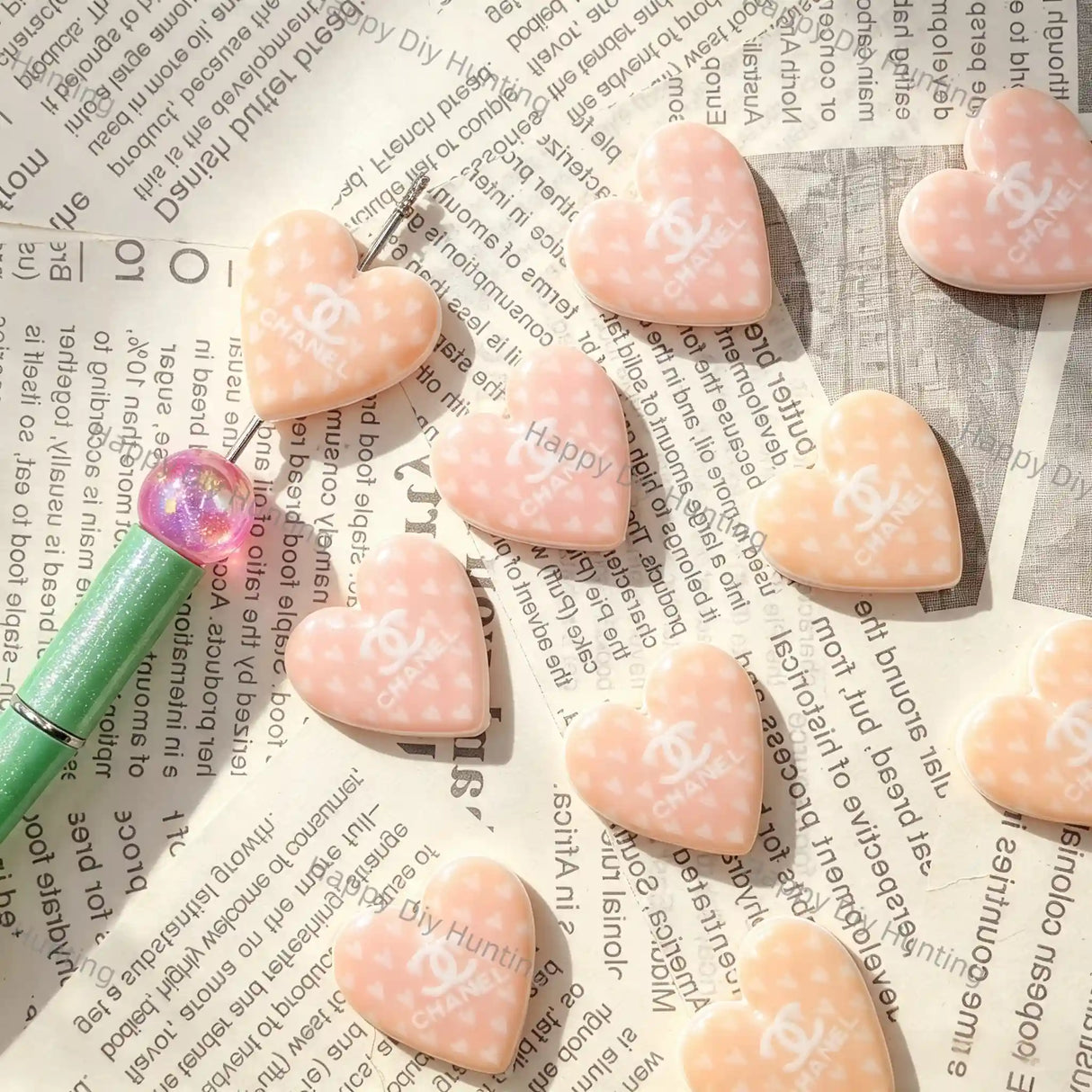 Pastel Peach Printed Heart Silicone Focal Beads, large hole decorative beads for DIY beadable pen,