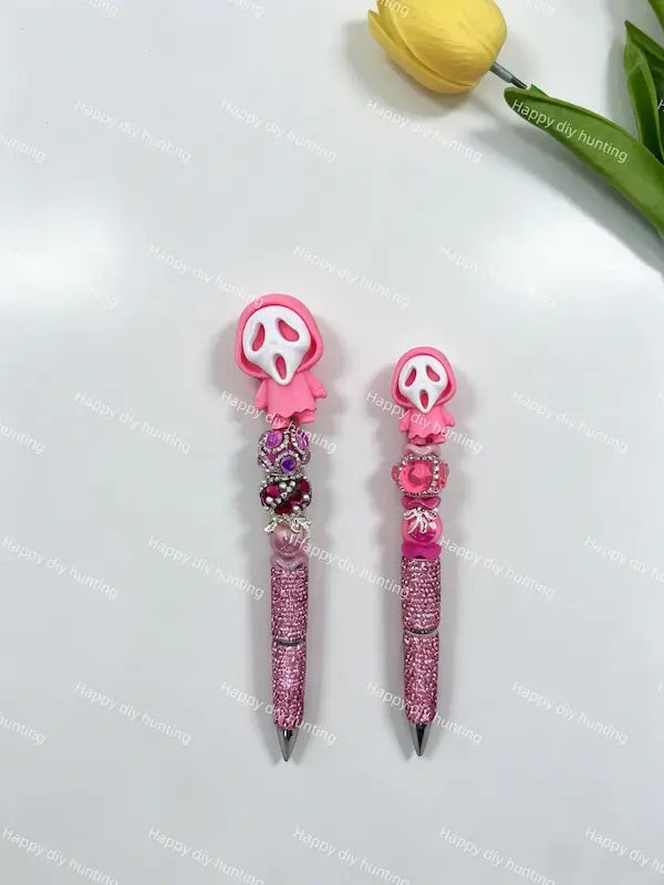 3D pink ghost face pen topper matched with focal beads for custom beadable pen handmade projects