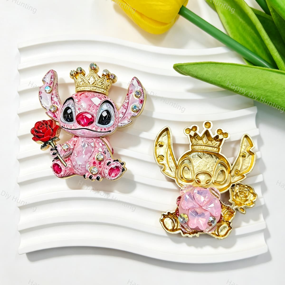 Pink crown alien metal fancy bead with rhinestones shown from the front and back. The front features a colorful faceted alien design holding a rose, while the back shows a gold metal finish. Perfect for DIY beadable pens and crafts.