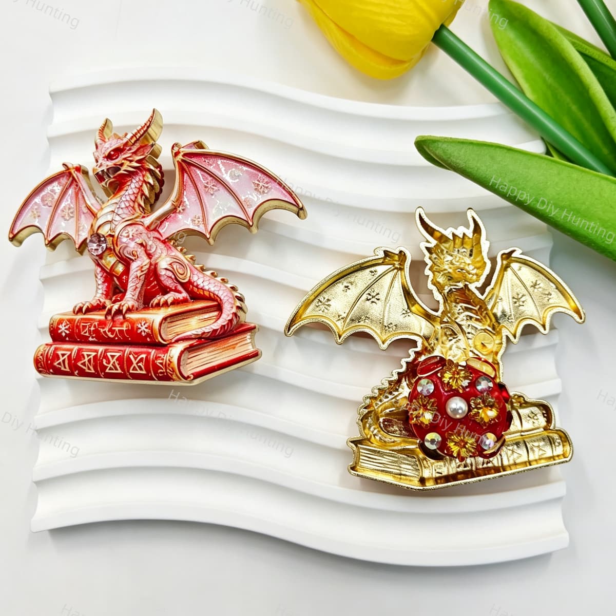 Red book winged dragon metal fancy bead with rhinestones shown from the front and back. The front features a detailed red dragon with enamel wings sitting on red books, while the back shows a gold metal finish. Perfect for DIY beadable pens and crafts.