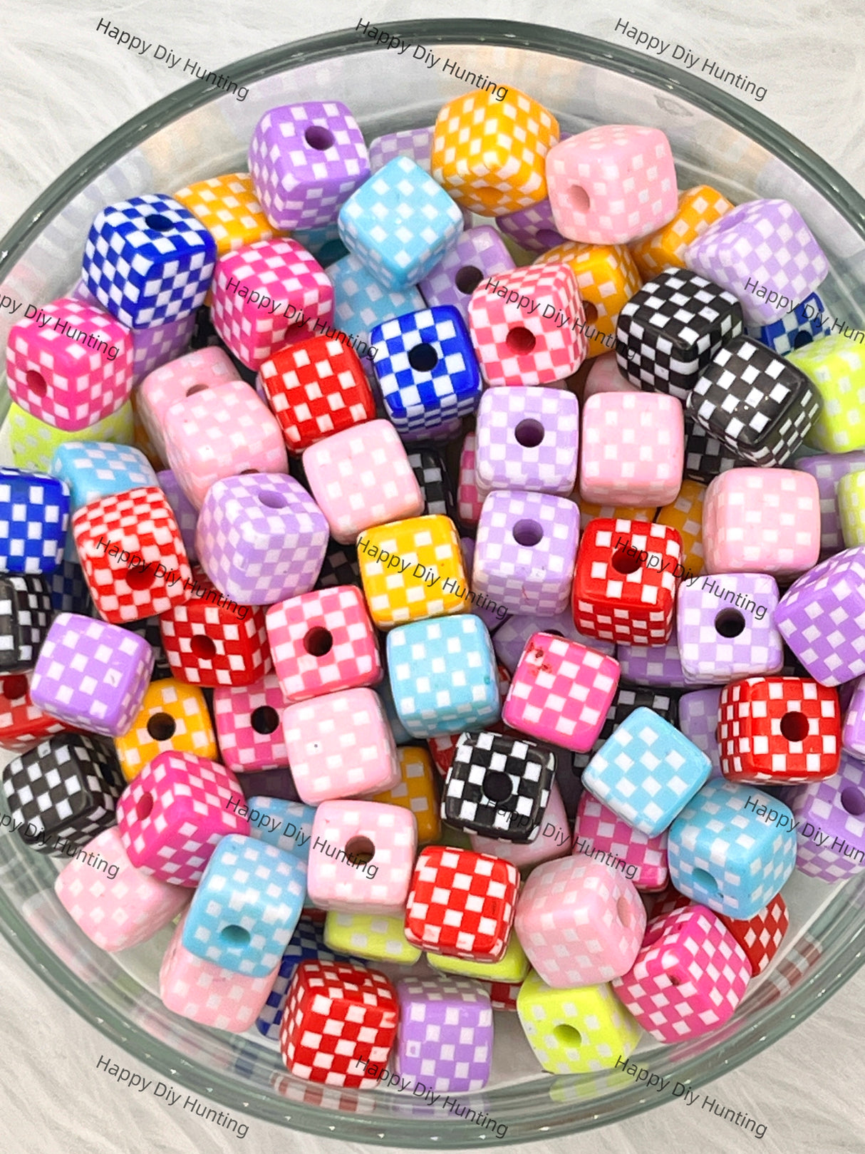 Solid Color Checkered Square Cube Acrylic Bead Mixed Color