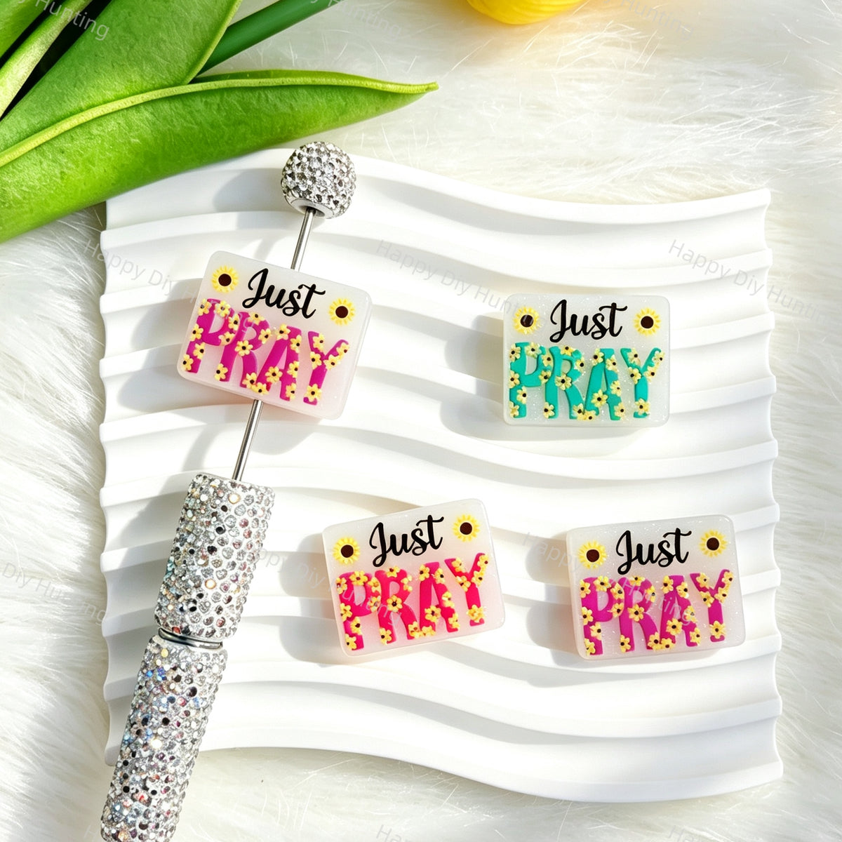Square-shaped silicone focal beads featuring a sunflower design with the words "Just Pray". Soft, durable, and flexible, perfect for beadable pens, keychains, and handmade crafts.
