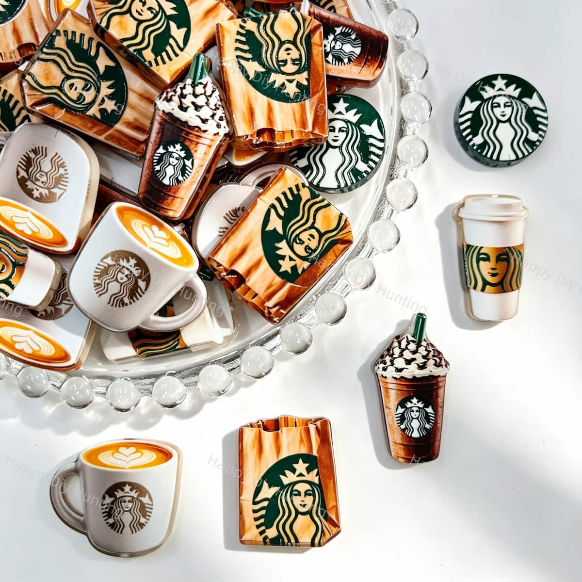 Acrylic focal beads featuring a mix of coffee drink cup print designs. Lightweight, colorful, and durable, perfect for beadable pens, keychains, and handmade crafts.