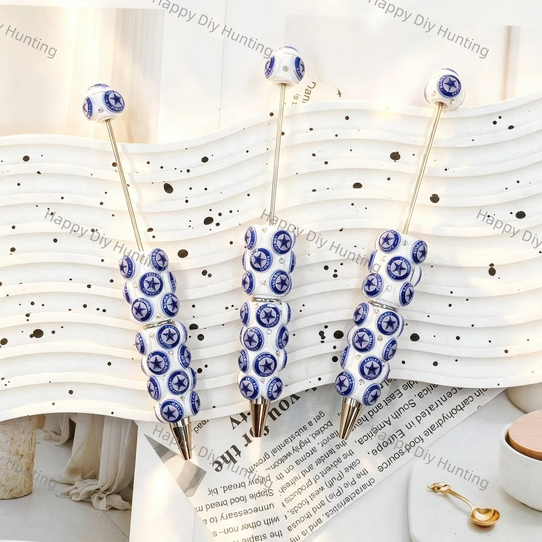 white navy blue circular star print beadable pens for diy handmade stationery crafts wholesale