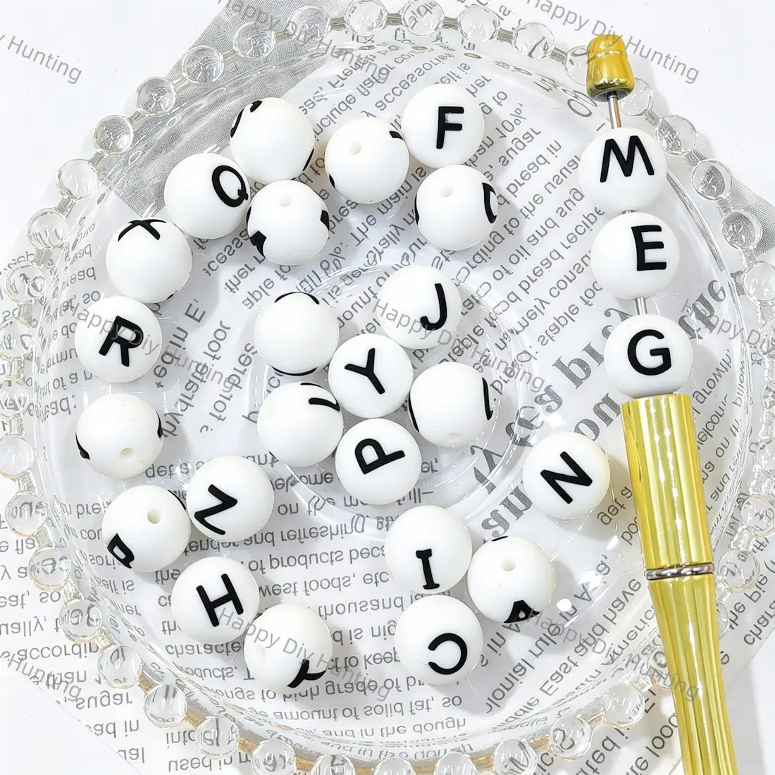 white round silicone focal beads with black uppercase letter print for diy beadable pen handmade craft wholesale