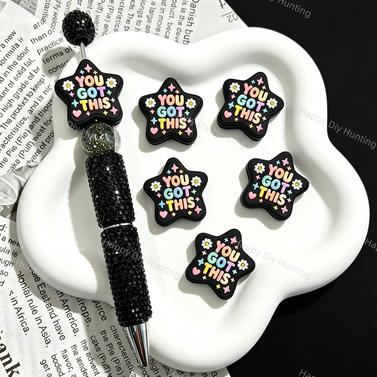 Silicone focal beads featuring a "You Got This" inspirational message and star graphic design. Soft, durable, and flexible, perfect for beadable pens, keychains, and handmade crafts.