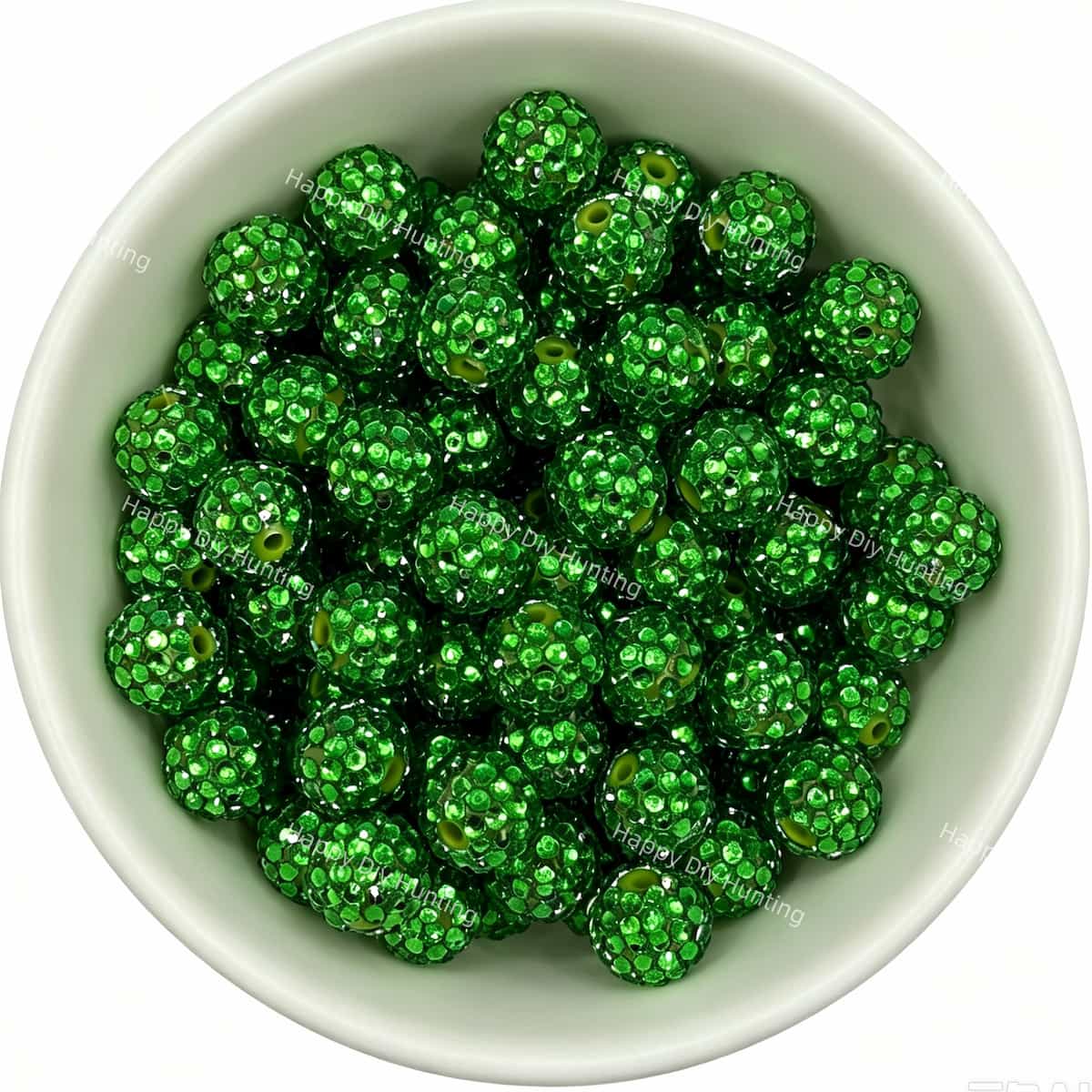 Light green rhinestone beads in matte white bowl, white background, top‑down view, high‑resolution product photo