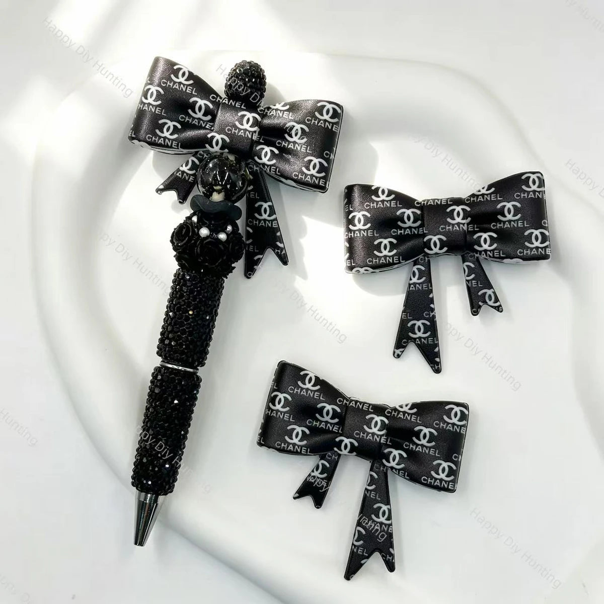 Black cc pattern print bow silicone focal beads for DIY beadable pens